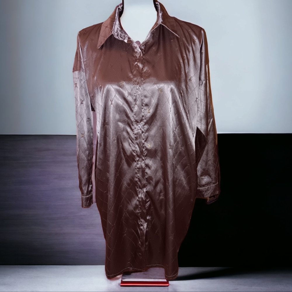 LV Monogram Champaign Satin Feel Long Sleeve Long Button-down Shirt, Size L